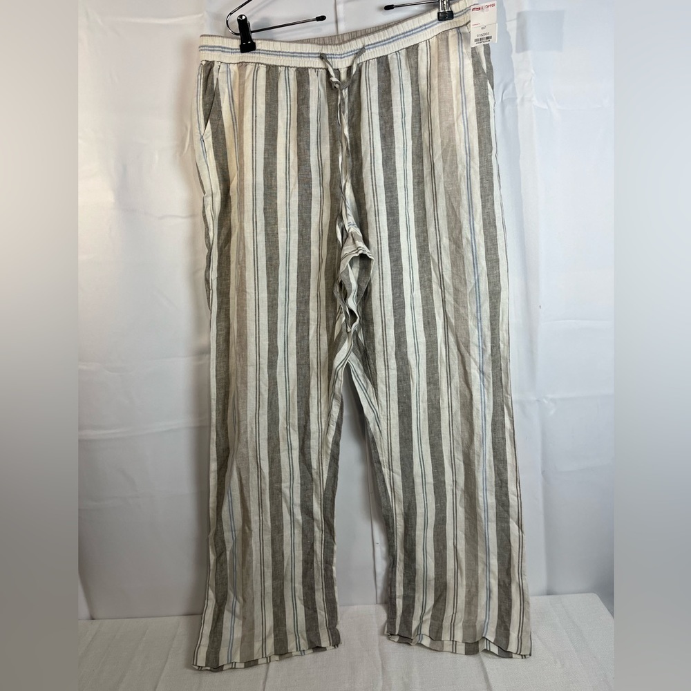 Charter Club Womens 100% Linen Elastic Waist White Gray Striped Pants 0X New